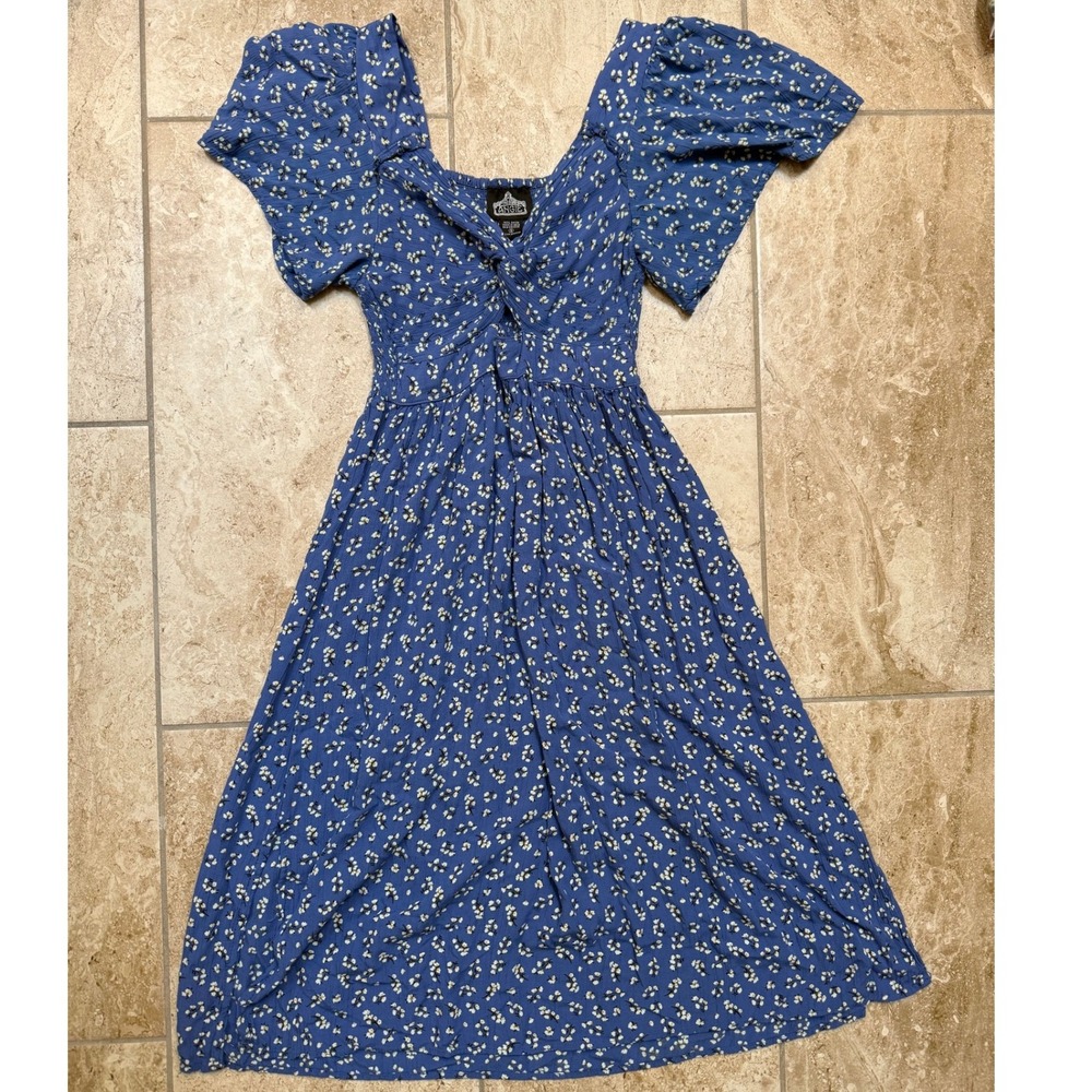 Angie Women Blue Floral Twist Front Flutter Sleeve Smocked Midi Dress Size S